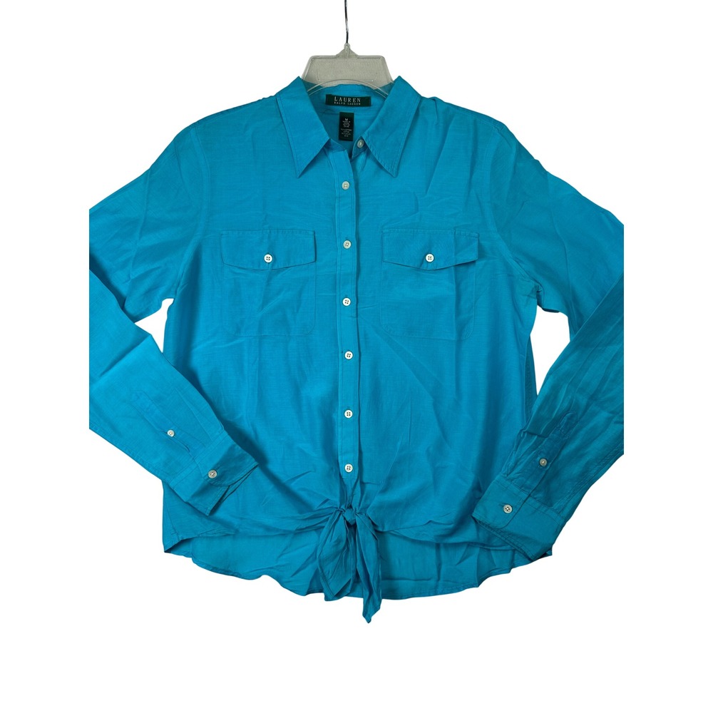 Lauren‎ Ralph Lauren Silk Blend Tie Front Button Down Shirt Blue M Coastal M